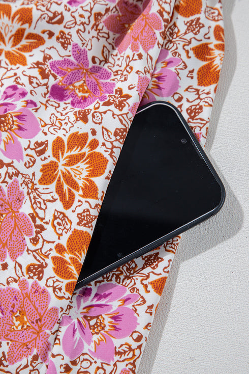 Pink Floral Square Neck Knotted Ruffle Midi Dress